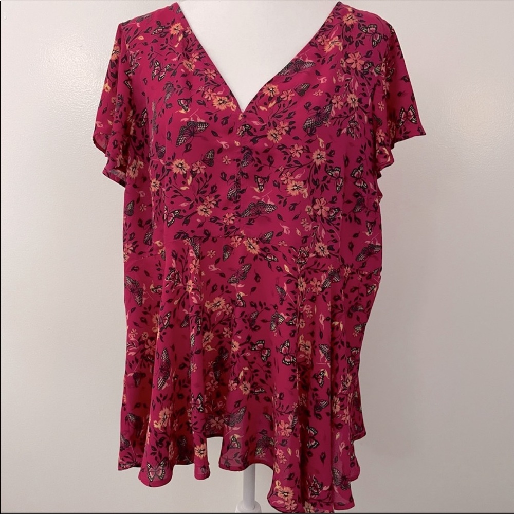 Floral Print Georgette Flutter Sleeve Blouse